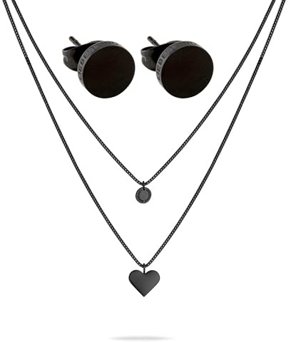 LIEBESKIND BERLIN Schmuck-Set - Schwarze Ohrstecker und Layering-Kette mit Herzanhänger - IP Schwarz - Venezianerkette verstellbar bis 45 cm - wasserfest & hautfreundlich