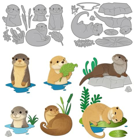 MAYJOYDIY Cartoon Otter Metall Schneideformen Die Niedlichen Otter | See Blätter Stanzschablonen, Felsen Prägeschablonen, für DIY Papierhandwerk Kartenherstellung Scrapbooking Album Dekor