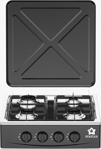 Fornello a Gas Portatile da Campeggio da appoggio, 4 Fuochi con Coperchio, Acciaio Inox, Nero