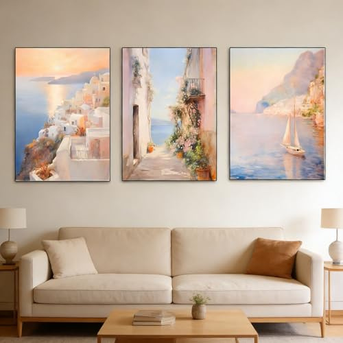 JORCEDI 3er Aesthetic Poster Set, Mediterrane architektonische Landschaft Bilder, Romantisches Rosa Leinwandgemälde, Sommerlandschaft am Meer Dekoratives Gemälde auf Leinwand, ohne Rahmen (40 * 50cm)