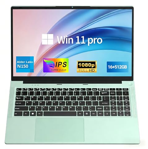 FUNYET Ordinateur Portable 15,6 Pouces, 16 Go de RAM, 512 Go de SSD, 2026 Win 11 Pro Laptop, PC Portable Processeur N150 (jusqu'à 3,6 GHz), 6000 mAh, FHD 1920 * 1080, Clavier rétroéclairé, Vert pâle