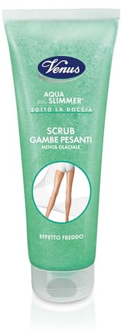 Venus Aqua Slimmer Doccia Scrub Gambe Pesanti 250ml, Esfoliante Effetto Freddo alla Menta Glaciale, Sollievo Immediato Stanchezza e Gonfiore, Drenante e Defaticante Sotto la Doccia, Pelle Liscia