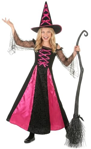 KULTFAKTOR GmbH Elegante Hexe Kinderkostüm schwarz-pink 134/140 (10-12 Jahre)