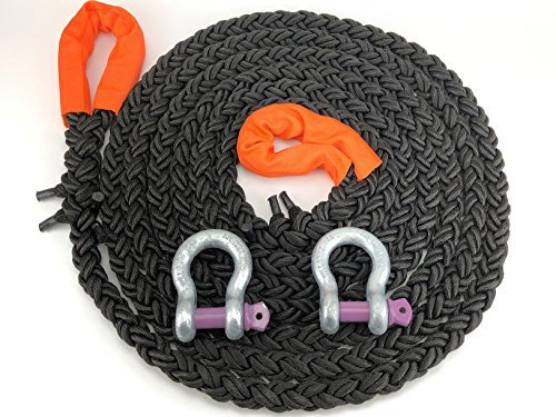 RopeServices UK 24mm 4x4 8 Strand Black Nylon Kinetic Recovery Tow Rope x 8 Metres. With 2 x 4.75 Tonne Shackles. K.E.R.R