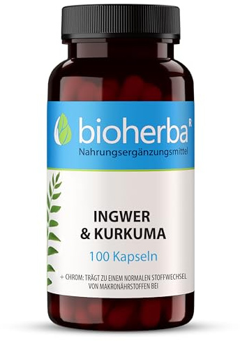 BIOHERBA Kurkuma Kapseln mit Ingwer und Chrom, 100 Stück | Hochdosiert, Zur Aufrechterhaltung eines normalen Blutzuckerspiegels, PZN 17192073