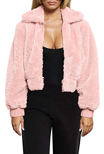 FANCYINN Veste en Fausse Fourrure Courte en Peluche pour Femmes surdimensionné Manteau d'hiver en Fausse Fourrure floue avec Poches pour Femmes Rose L