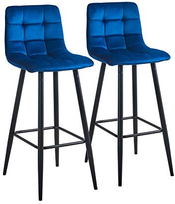 CLIPOP Barhocker aus Samt mit Lehne, Barstuhl 2er Set, Bar Stool, Bar Stühle für Bartheken, 66 cm Sitzhöhe, Blau