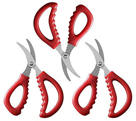 FRUTA Lot de 3 paires de ciseaux à fruits de mer multifonctionnels en acier inoxydable pour poissons, crevettes, écrevisses, fruits de mer, crabe, pattes, rouge