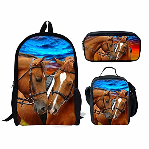 KUIFORTI 3 in 1 Rucksack Set Kinder Schulranzen Lunchtasche Federmäppchen Federmäppchen Geschenk für Teenager Jungen Mädchen, Pferdepaar, One Size, Schulrucksack