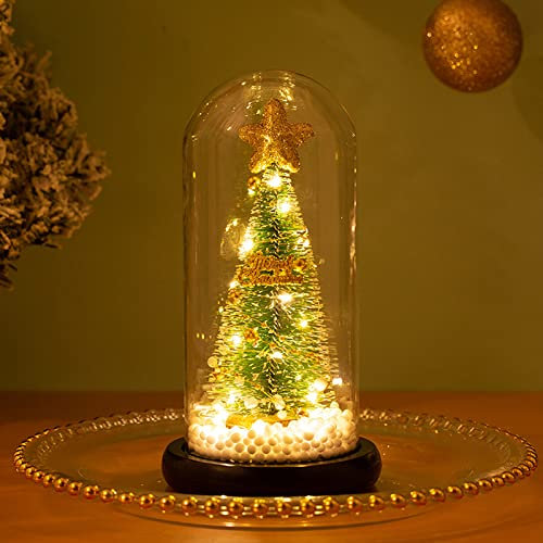 DEDEMCO Mini árboles de mesa de Navidad en cúpula de cristal, 9 pulgadas con luz de cristal pequeño pino de Navidad con base de madera con pilas LED colorido árbol de Navidad regalo para amigos de la