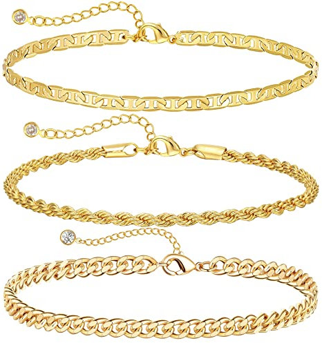 DEARMAY Bracelets de cheville en or 14 carats pour femme - 3 pièces - Maillons cubains superposés - Joli bracelet de cheville d'été - Cadeau pour femme et adolescente - 20,3 - 12,7 cm - Laiton - Oxyde