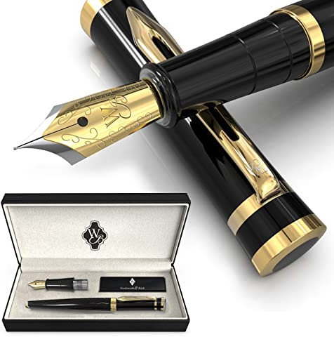 Wordsworth & Black Fountain Pen Set, 18K Gilded Medium and Extra Fine Nibs, 6 Ink Cartridges and Refill Converter, Gift Case, Smooth Writing Pens [Black Gold], Perfect for Men and Women