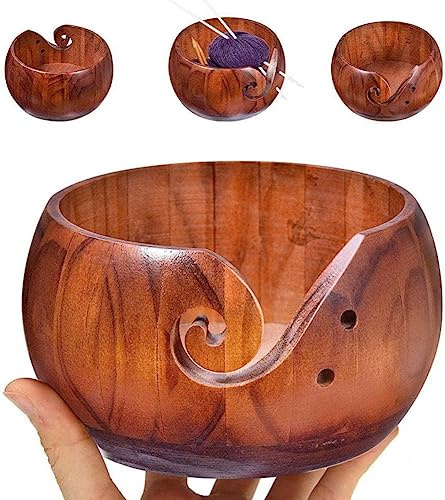FIYSON Bol Fil en Bois,Fabriqué en Bois Portable Fil Bol en Laine Tricot Bols Crochet Titulaire Perceuses Bol de Rangement en Laine vec Trous Sculptés pour la Laine à Tricoter au Crochet Accessoires