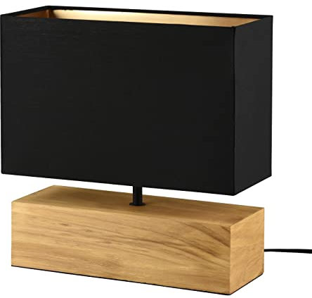 Reality Leuchten Tischleuchte Woody R50181080, Metall Schwarz matt, Fuß Holz, Stoffschirm schwarz/goldfarbig, exkl. 1x E27