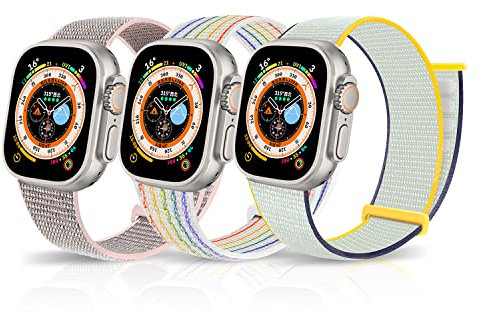 LanQii Cinturino per Apple Watch Series 10 46 mm/9/8/7 45 mm/Watch Ultra 2/1 49 mm, Cinturini di Ricambio per Apple Watch SE 2/1 44 mm/Watch Series 6/5/4 44 mm/3/2/1 42 mm, Rosa+Bianco+Arcobaleno