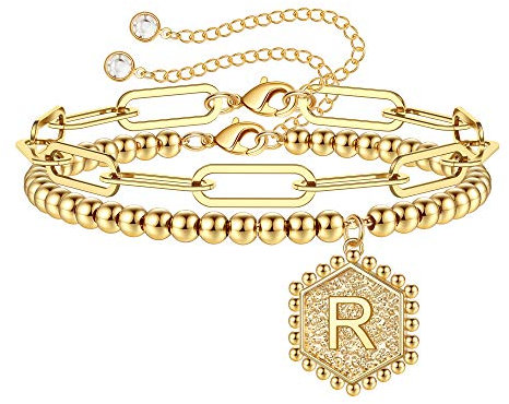 TINGN Armband mit Buchstaben Armband Damen Mädchen, Buchstaben Armbänder Perlenarmband Buchstabe R Büroklammer Gliederkette Armband Mädchen Zierlich Armbänder Gold Schmuck