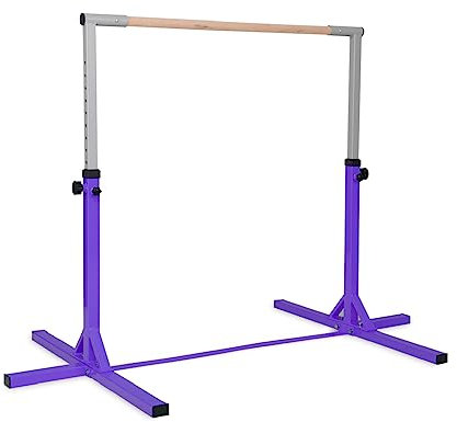 GYMAX Kids Adjustable Gymnastics Horizontal Bar, Children Sport Training Bar with Durable Beech Wood Bar and Steel Pole, Junior Kip High Bar for Home Garden (Purple)