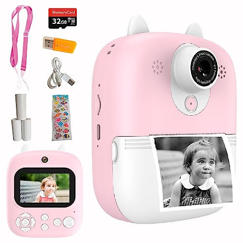 Lacosvi Cámara de Impresión Instantánea, Cámara Digital para Niños 12MP Fotos, Videos 1080 HD Pantalla IPS 2,4 Pulgadas SD 32GB, Cámara de Vídeo Selfie Regalos para Niñas y Niños De 3 a 12 Años (Rosa)