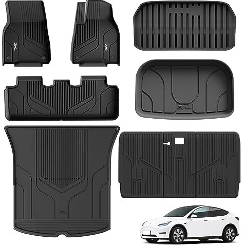 3W 9 Piece Set Floor Mats & Boot Liner & Seat Back Cover Fit for Tesla Model Y 2021-2024, All Weather Dog Friendly TPE Car Mats Anti-slip Heavy Duty Tesla Accessories (Not for Model Y Juniper)