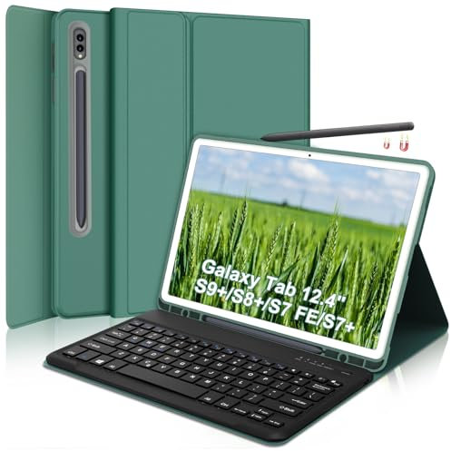 SENGBIRCH Keyboard Case for Samsung Galaxy Tab S10 PLUS/S9 FE+ 12.4 inch - UK Layout Detachable Wireless Bluetooth Keyboard, Protective Folio Cover for S9 Plus 12.4 inch - Deep Green
