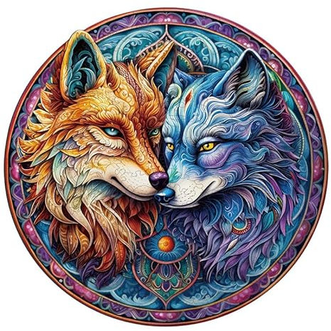 PRSTENLY Holzpuzzle für Erwachsene, Mandala Yin Yang Wolf Puzzle Tierpuzzle aus Holz Einzigartige Form Puzzleteile Erwachsene, Holzpuzzle für Erwachsene mit hölzerner Geschenkbox 34*33.5cm 296 Teile