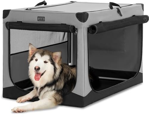 Petsfit Faltbare Hundebox, Verstellbarer Stoffbezug mit Spiraleisenrohr, Zusammenklappbare Hundebox Große Hunde mit 3 Tür-Design, Einfach zu Transportieren, Leicht zu Verstauen, XL, Grau