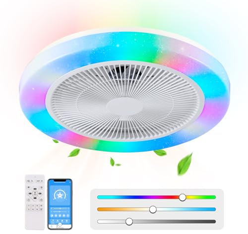 RGB Ceiling Fans with Lights and Remote, 19.7 Low Profile Ceiling Fans with Lamps, Modern Flush Mount Enclosed Ceiling Fan for Bedroom(White)