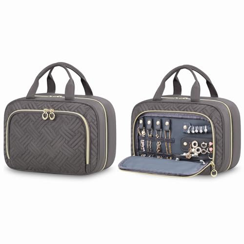 LOVEVOOK Kulturtasche Damen mit Separate Schmuckfach, Wasserdicht Kulturbeutel zum Aufhängen Faltbare Waschtasche Kosmetiktasche Groß mit 360°Drehbare Haken Waschbeutel für Damen Grau