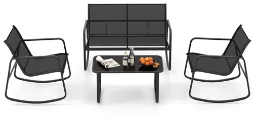 COSTWAY Salon de Jardin 4 Pièces avec Chaises à Bascule Table en Verre et Causeuse, Ensemble de Meuble Extérieur Cadre Métallique Charge 150KG, pour Porche Bord de Piscine Balcon (Noir)