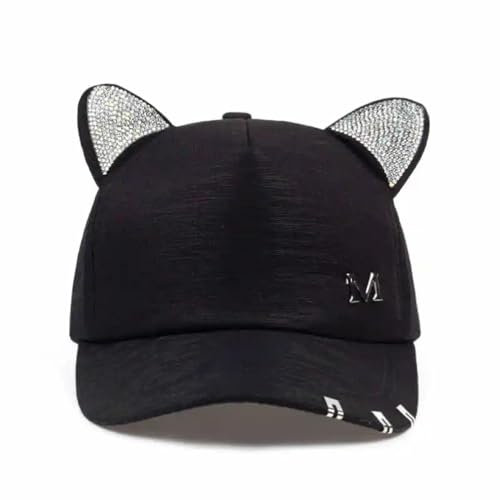 YUECIBAI Herren Kappe Hut Damen Mütze Katzen Ohren Katze Baseball Mütze Mit Ringen Spitze Süßes Mädchen Hut 54-62Cm Schwarz