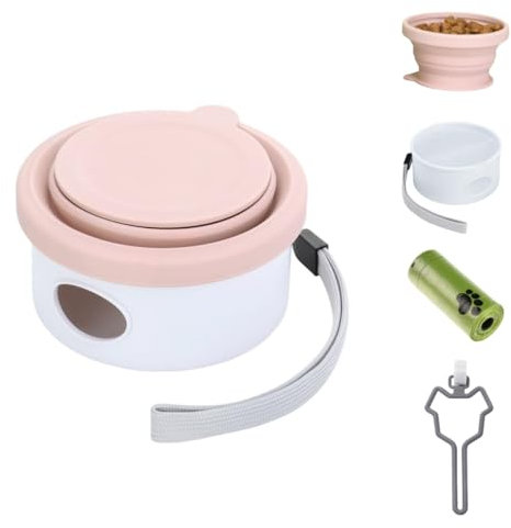 LZSOMPK Multifunctional Dog Poop Bag Holder Dog Poop Bag Dispenser Collapsible Dog Bowls for Travel Portable Dog Food Container for Traveling Camping Walking (Pink)