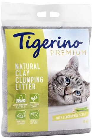 Tigerino Premium Katzenstreu, ergiebige Klumpstreu aus Naturton-Granulat: feinkörnig, schnelle und Starke Klumpenbildung, bindet Gerüche (1x12kg, Zitronengras)