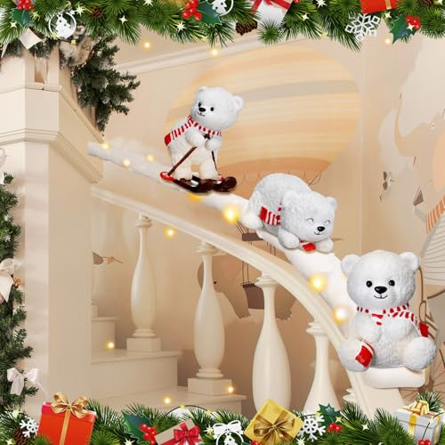 Liliful Set di 3 decorazioni per scale in resina, decorazione invernale scorrevole con luci a LED e 20 nastri, decorazione natalizia per corrimano, ringhiera, regalo per scale (bianco, orso)