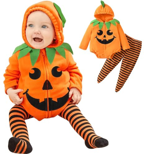 Costume Halloween Bebe, Mignon Deguisement Citrouille Bebe pour 0‑18 Mois | Deguisement Halloween Bebe Garcon,Tenue d’Halloween pour Jumeaux Déguisement Body avec Fermeture à Glissière et Pantalon Rayé
