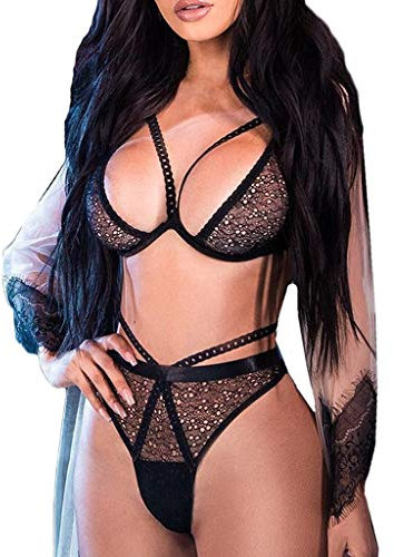 Generico Coppe Costume up Donne Dimensione Thong Bra Hollow Underwear Lace S 3XL Plus 2pc Lingerie Set Sexy Coppe in Silicone per Il Seno up (Black, M)