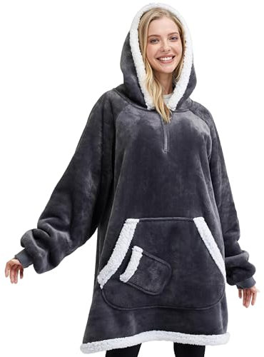 Giggling Getup tragbare Decken Hoodie für Damen Herren, Übergröße Flanell Sherpa Fleece Kapuzen Decke, Weiche, komfortabele, warme Decken Sweatshirt mit Tasche und Ärmeln für Erwachsene Dunkelgrau