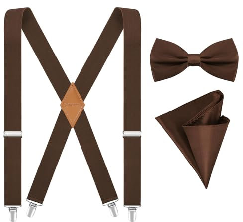 Fevaeno Hosenträger für Herren Breit 3.5cm mit Metal Clips Einstellbar und Elastisch Einheitsgröß Hosenträger Fliege Einsteckuch Set X-Braun