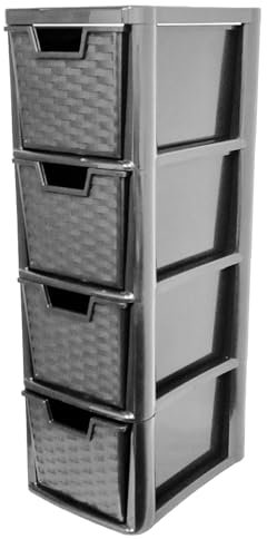 SIDSONS Small Rattan Effect Black |4 Drawer Storage Tower Unit| A5 Size Desktop Tabletop Office Home School Organizer For Stationary Cosmetic Jewellery Organiser 62cm (H) x 25cm (D) x 19cm (W)