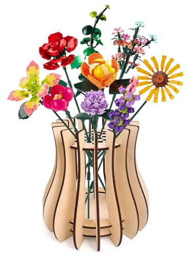 Wooden Vase Kit for Lego Roses Cherry Blossom Sunflower Tulips Daffodils Lotus Cute Flower Vase for Lego Bouquet Arrangement Home Decoration for Women Adults（Natural