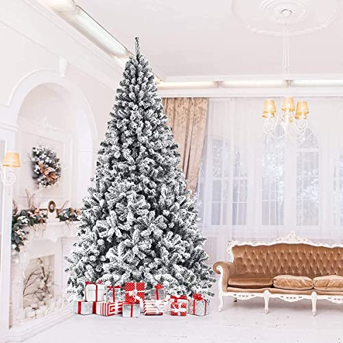 QXIWAOE 9FT Flocked Pine Christmas Tree, Indoor/Outdoor with Premium PVC Needles and Solid Metal Stand