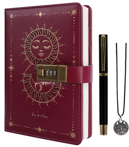 TIEFOSSI Tagebuch mit Schloss, Sonne & Mond Journal mit Schloss für Frauen Männer, A5 nachfüllbares Notizbuch mit Schloss zum Schreiben, 224 nummerierte Seiten