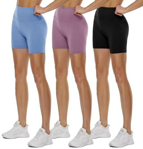 TNNZEET 3er Pack Radlerhose Damen High Waist Sommer Shorts Blickdicht Kurze Sporthose Leggings Hotpants Unter Kleider für Sport Yoga(Hellblau/Schwarz/Helllila, S-M)
