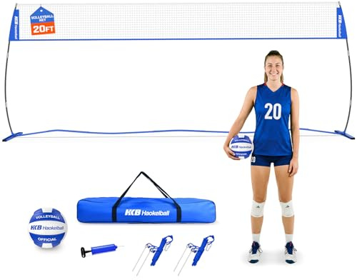 Haokelball Tragbares Volleyballnetz für Hinterhof, 6 m, freistehendes Volleyball-Set mit verstellbarer Höhe und verbreitertem Boden, Outdoor/Indoor-Übungsnetz mit Volleyball, Tragetasche, Heringen und