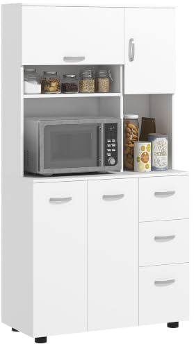 HOMCOM Buffet mit Vitrine, 168cm, 2 große Schränke, 3 Schubladen, Weiß | Freistehende Küchenanrichte, 1 Hochschrank, breite Arbeitsplatte