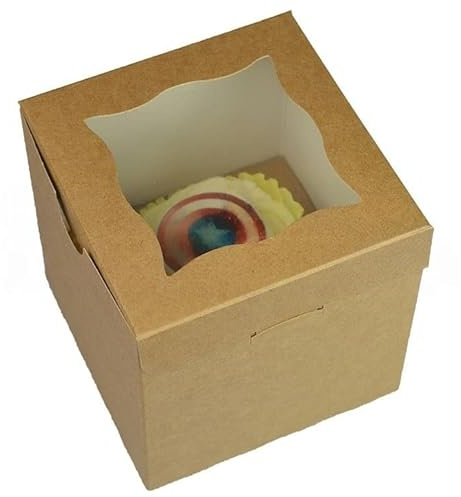 LARRYROO Kraft Brown Windowed Cupcake Box | 1 Cavity | Cup Cake Boxes & inserts (10)