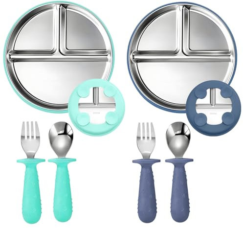 Kotkiddy Stainless Steel Baby Teller mit Saugnapf & Babylöffel Gabeln, 23CM Geteilte Teller mit Abnehmbarem Silikon-Schlauch für Baby Set von 2 (Dunkelblau und Mintgrün)
