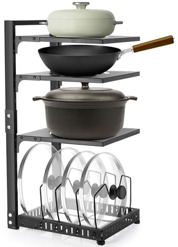 CASONNIK Organizadores de ollas: organizador de sartenes ajustable de 4 niveles para gabinete, múltiples modos de uso, estante para ollas y estante para sartenes para encimera de cocina y gabinete