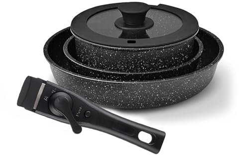 5- Piece Non- Stick Pot and Pan Set with Removable Handles, Premium Camping Cookware Set Suitable for All Hob Types Including Induction, Stackable Design in Sleek Black