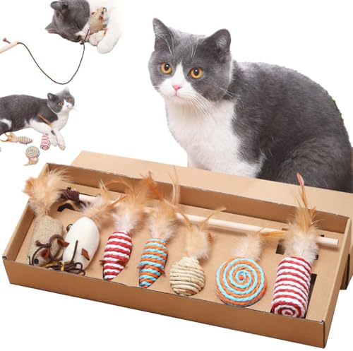 JNEYVIC 7 Stück Katzenangel Natur Katzenspielzeug Holzstab Interaktive Katzen Federspielzeug Lange Spielangel Katze Holz Katzenspielzeug Zauberstab mit Bällen Mäusen Federn für Katzenbeschäftigung