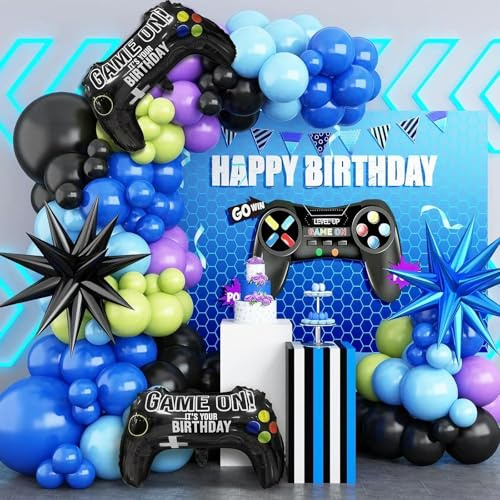Newthinking Video Game Balloon Arch Kit, 5/10/18-inch Black Blue Purple Latex Balloons with Explosion Star Foil Balloons and Inflatable Game Controller for Gaming Party Boys Night Decor